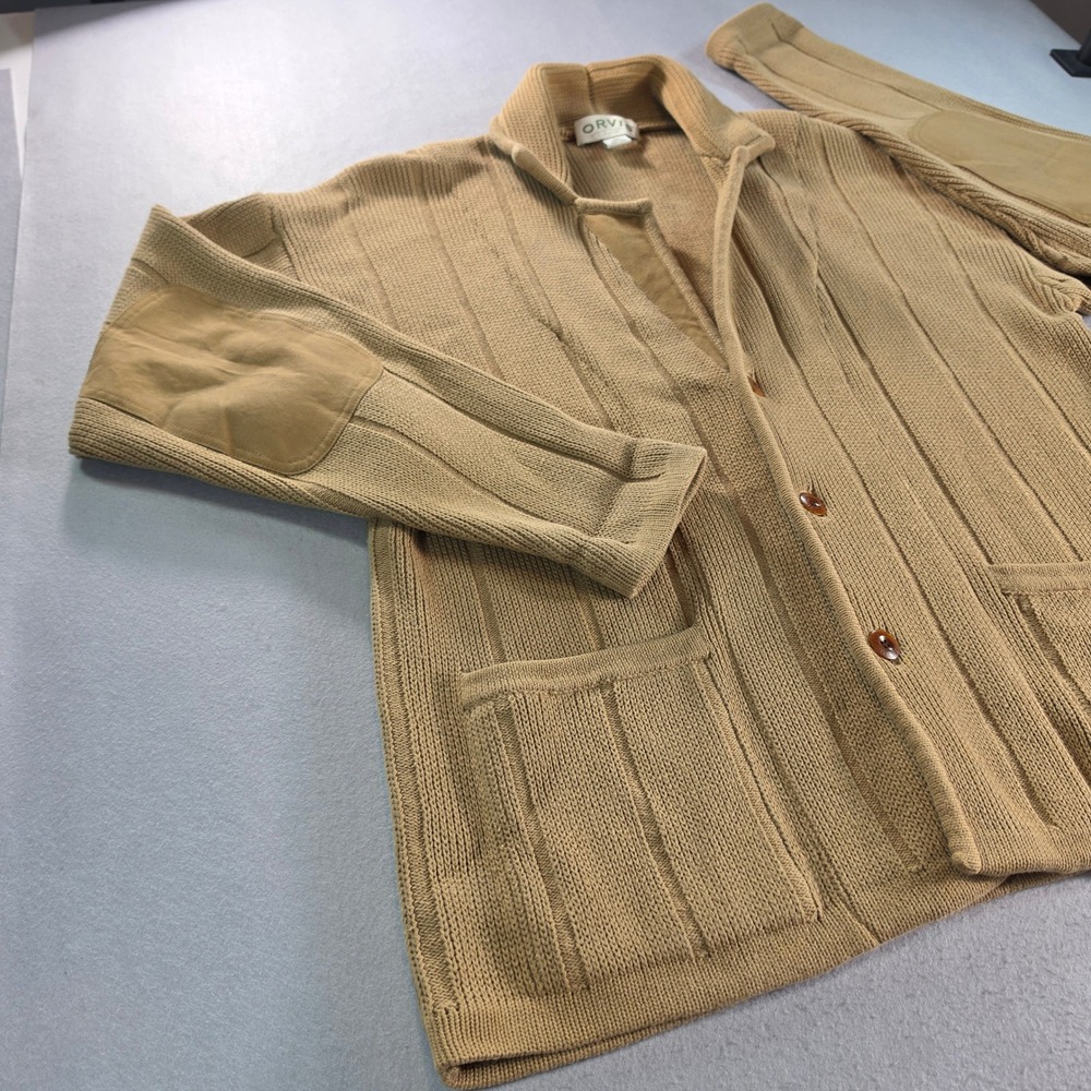 Orvis Vintage 90s Hawker Heavy Ribbed Knit Cardigan Sweater Elbow Patches Large - Picture 2 of 8